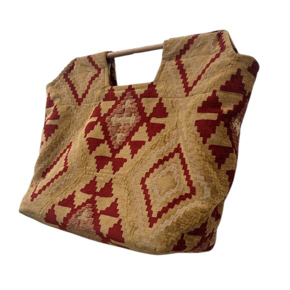 Fabric Tapestry Large Square Tote w/Wood Bar Handles - Picture 3 of 12